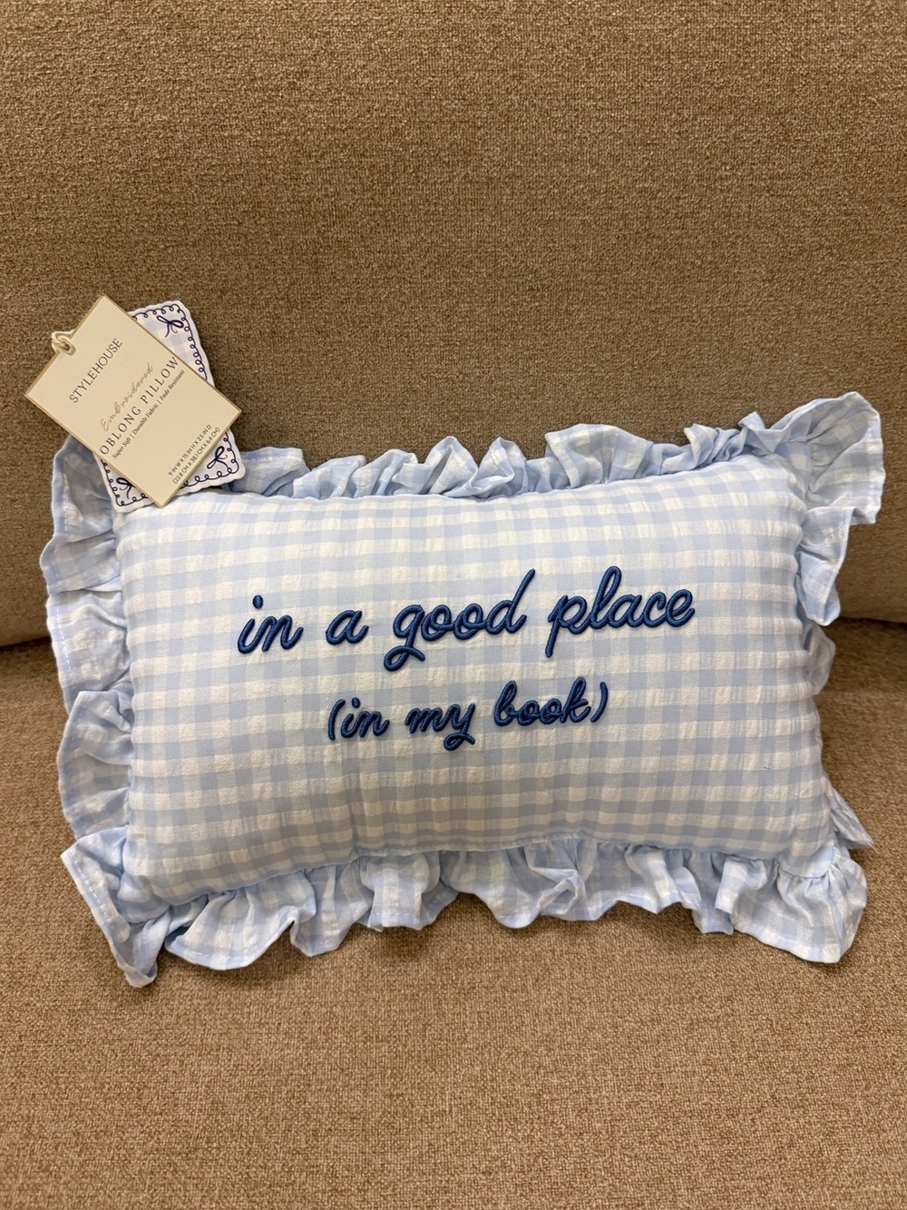 In a Good Place In My Book Gingham Blue & White Decorative Pillow Stylehouse NWT